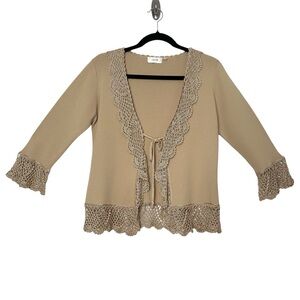 Boho Fairycore Scalloped Hem Crochet Tie Stretchy Cardigan Goblincore Earthy Y2K